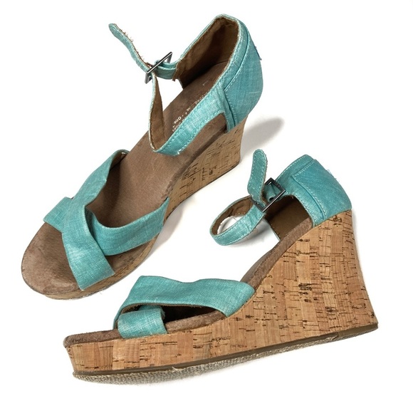 3/$30 Toms | Shimmery Aqua Cross Strappy Platform Cork Heels 9.5 - Picture 1 of 10
